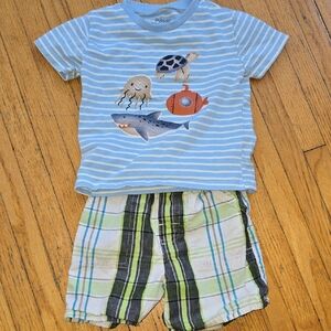 Carter's Light Blue Striped Sea Creature Pajama Set with Green Plaid Shorts